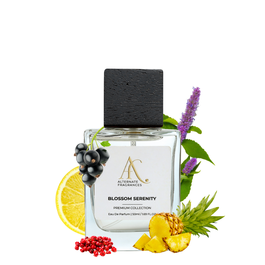 Rini Deals Blossom Serenity Eau de Parfum bottle with floral design, showcasing elegant packaging and fragrance details.