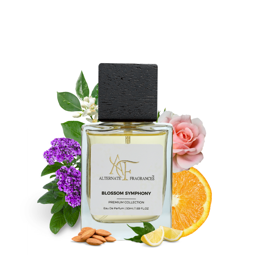 Rini Deals Blossom Symphony EDP bottle with floral perfume design, featuring pink blossoms and elegant packaging.