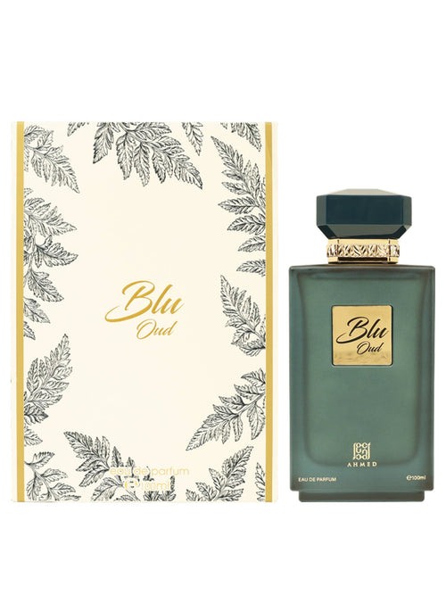 Ahmed Al Maghribi Blue Oud Eau de Parfum bottle, 100ml, stylish design with blue accents, suitable for men and women.