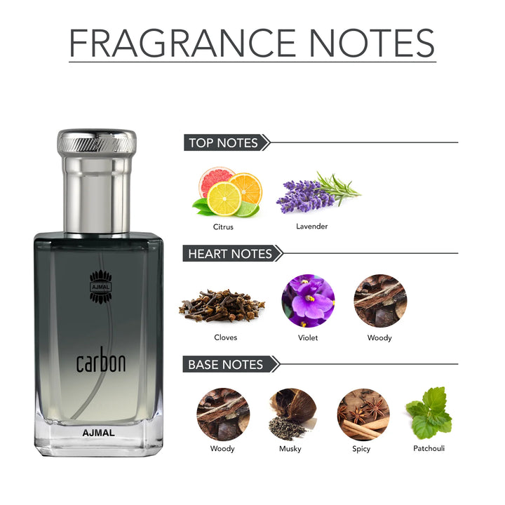 Ajmal Carbon Eau De Parfum 100ml for men, featuring a sleek glass bottle with a black cap and modern fragrance branding.