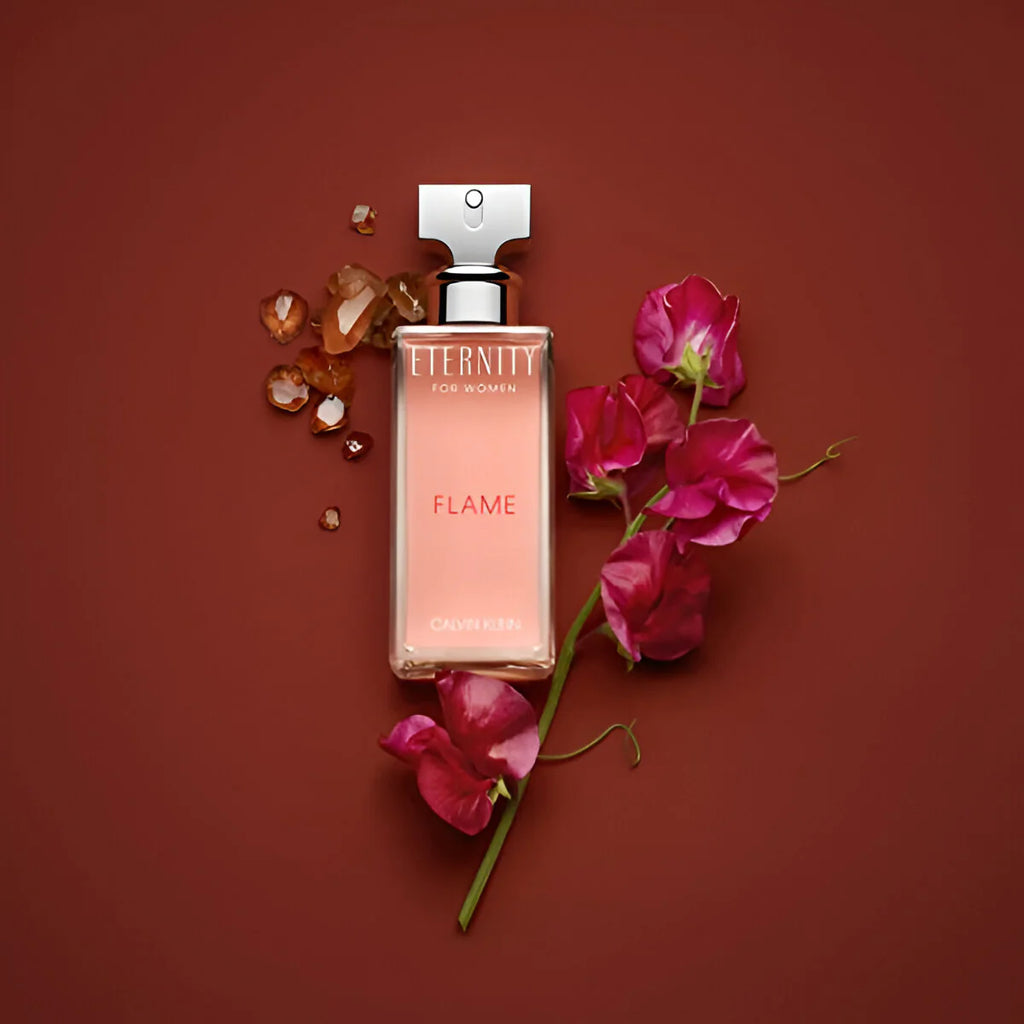 Calvin Klein Eternity Flame Eau De Parfum for Women, 100ml bottle with elegant packaging and floral fragrance details