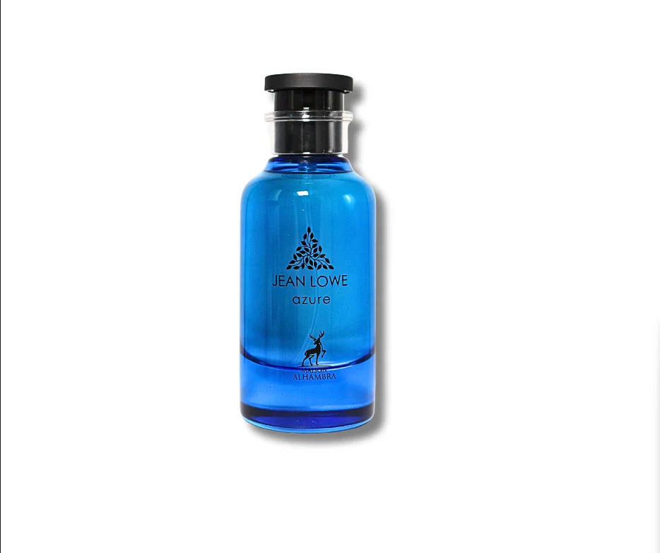 Maison Alhambra Jean Lowe Azure Eau De Parfum 100ml bottle for men and women, with sleek blue packaging and elegant design.