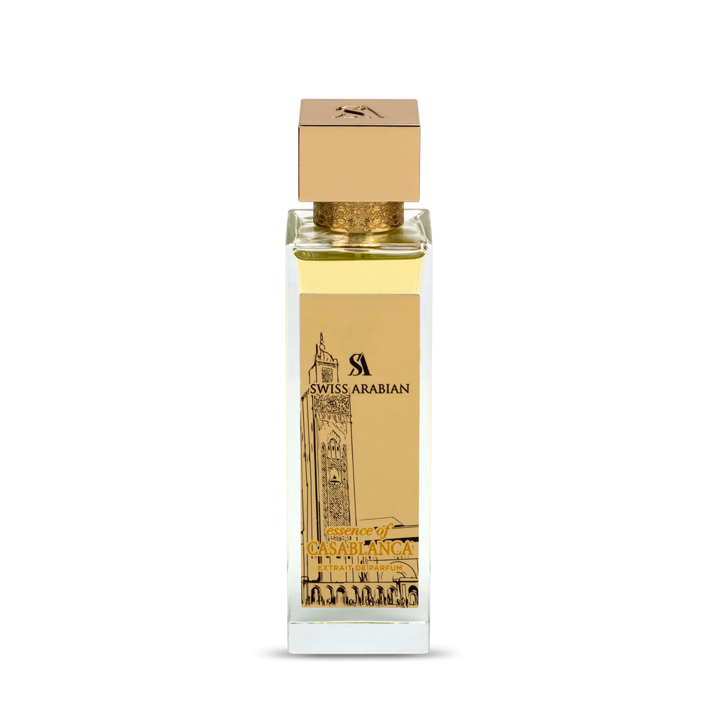 Swiss Arabian Essence of Casablanca Extrait de Parfum 100ml bottle, elegant glass container with intricate design for men and women.