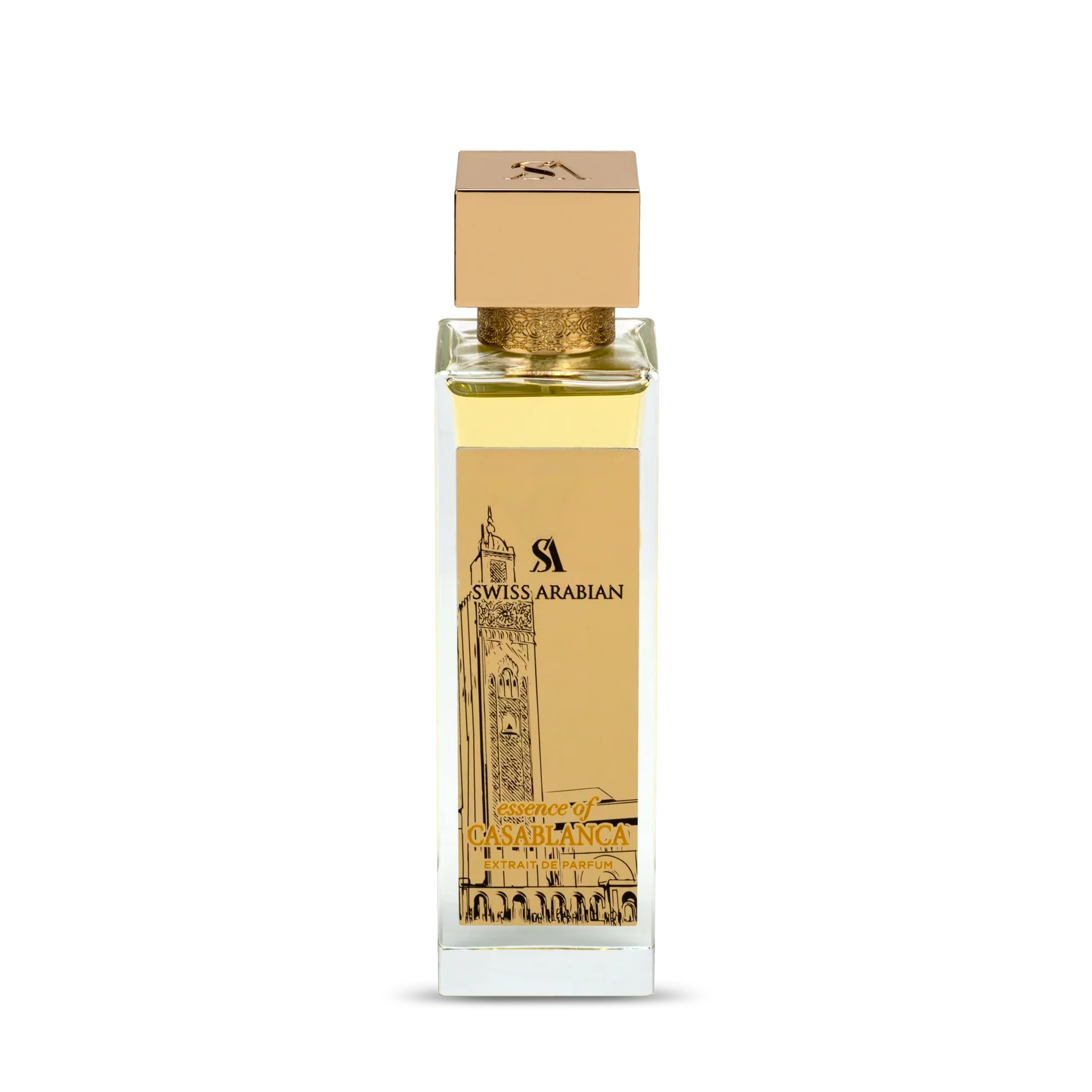 Swiss Arabian Essence of Casablanca Extrait de Parfum 100ml bottle, elegant glass container with intricate design for men and women.