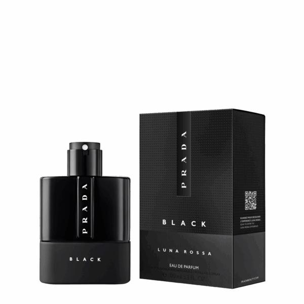 Prada Luna Rossa Black Eau De Parfum bottle for men, 100ml, with sleek black packaging and minimalist design.