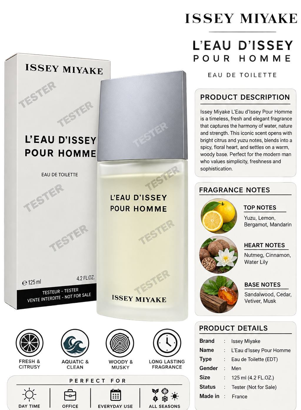 Tester Issey Miyake L’Eau d’Issey Pour Homme Eau de Toilette  125ml For Men