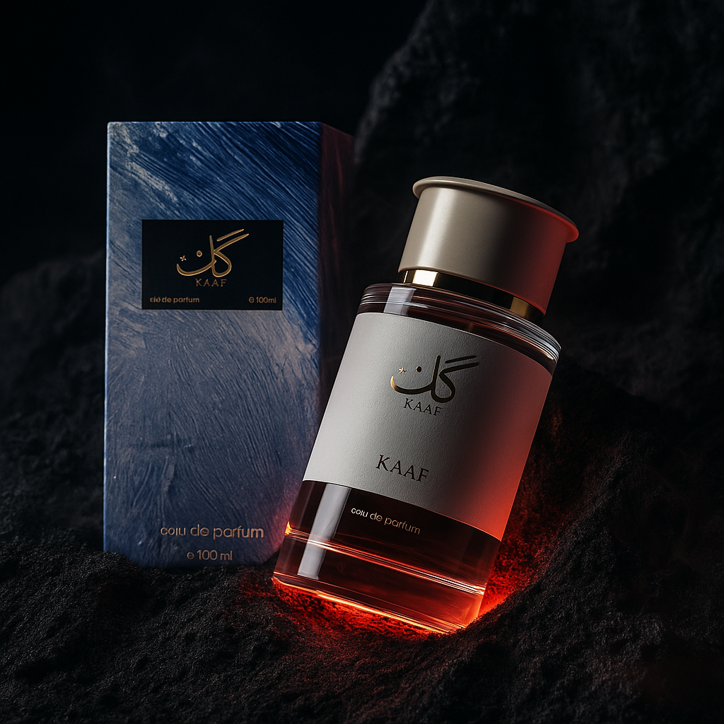 Ahmed Al Maghribi Kaaf Extrait De Parfum 100ml for men and women, elegant glass bottle with gold accents and fragrance details visible