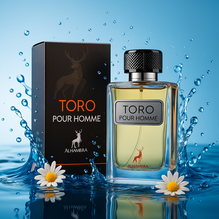 Alhambra Toro Pure Homme 100ml men's fragrance bottle with sleek design and silver accents on a white background.