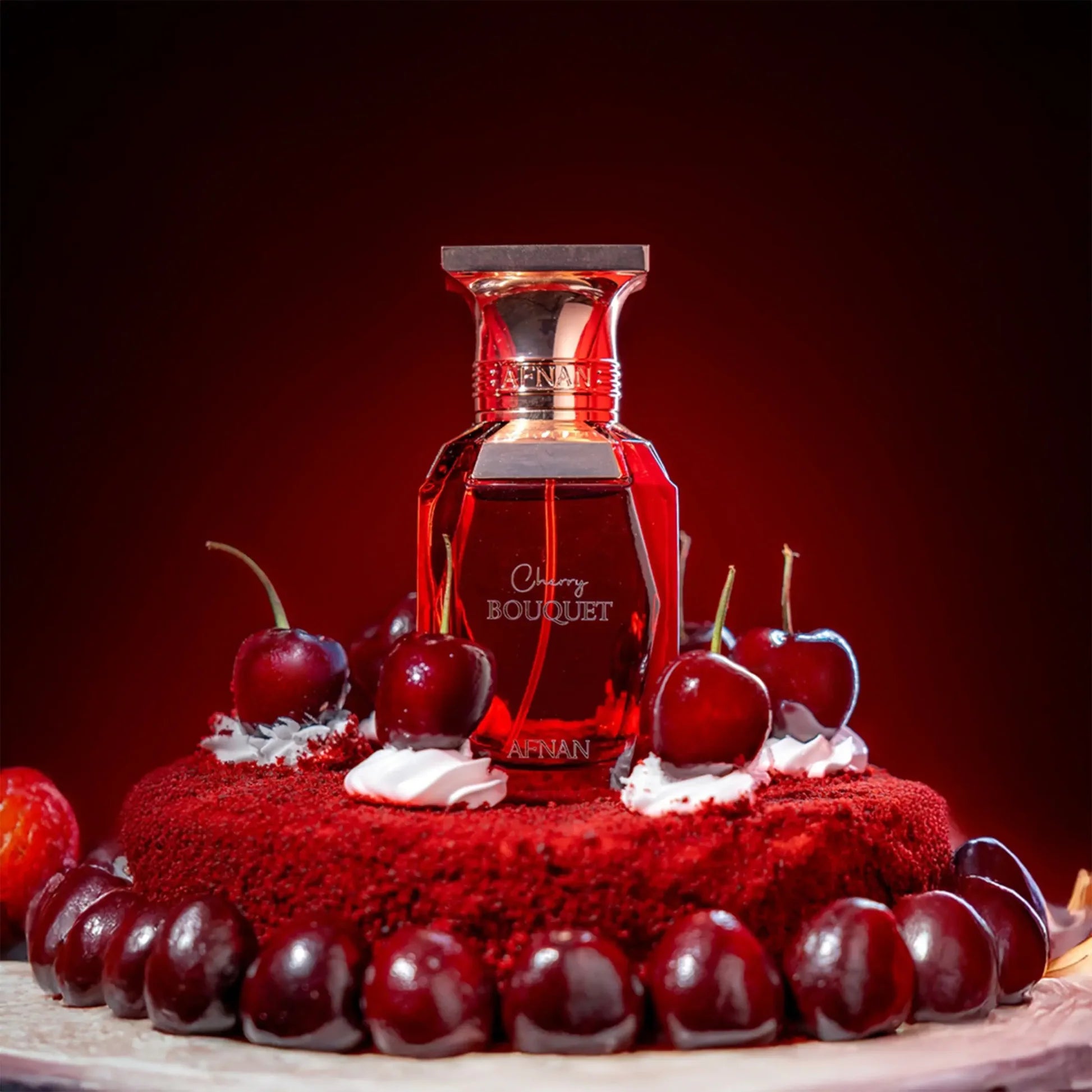 Afnan Cherry Bouquet Eau De Parfum 80ml for women featuring a pink floral bottle with cherry blossom design.