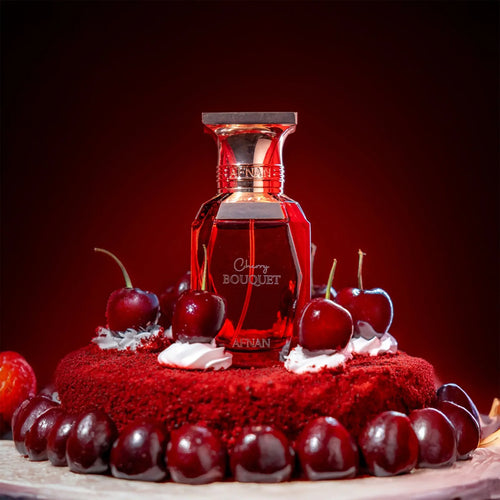 Afnan Cherry Bouquet Eau De Parfum 80ml for women featuring a pink floral bottle with cherry blossom design.