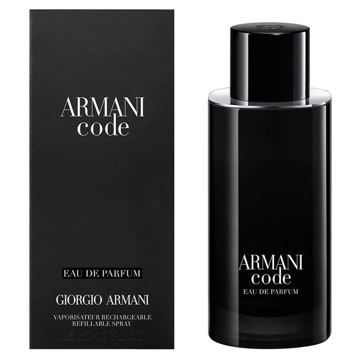Giorgio Armani Code Eau De Toilette 125 ml for men, sleek bottle with black and gold accents, elegant fragrance packaging.