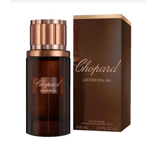Chopard Leather Malaki Eau De Parfum bottle for men, 80ml, with dark leather packaging and elegant design.