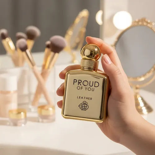 Fragrance World Proud Of You Leather Eau De Parfum 100ml for men, featuring a sleek bottle and luxurious leather scent.