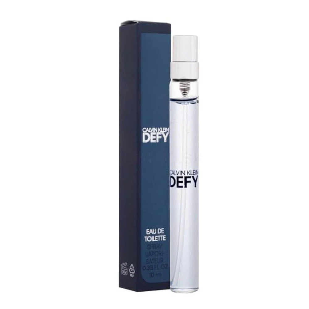 Calvin Klein Defy men's Eau De Toilette miniature bottle, 10ml, with sleek packaging and branding visible.