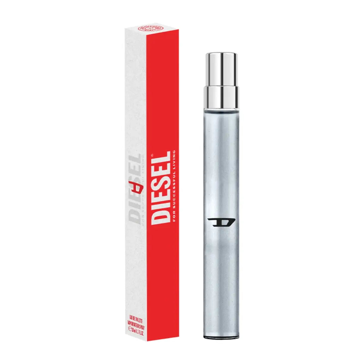 Miniature Diesel D5 EDT 10ml travel spray by Bvlgari, shown in a sleek black bottle with a silver cap.