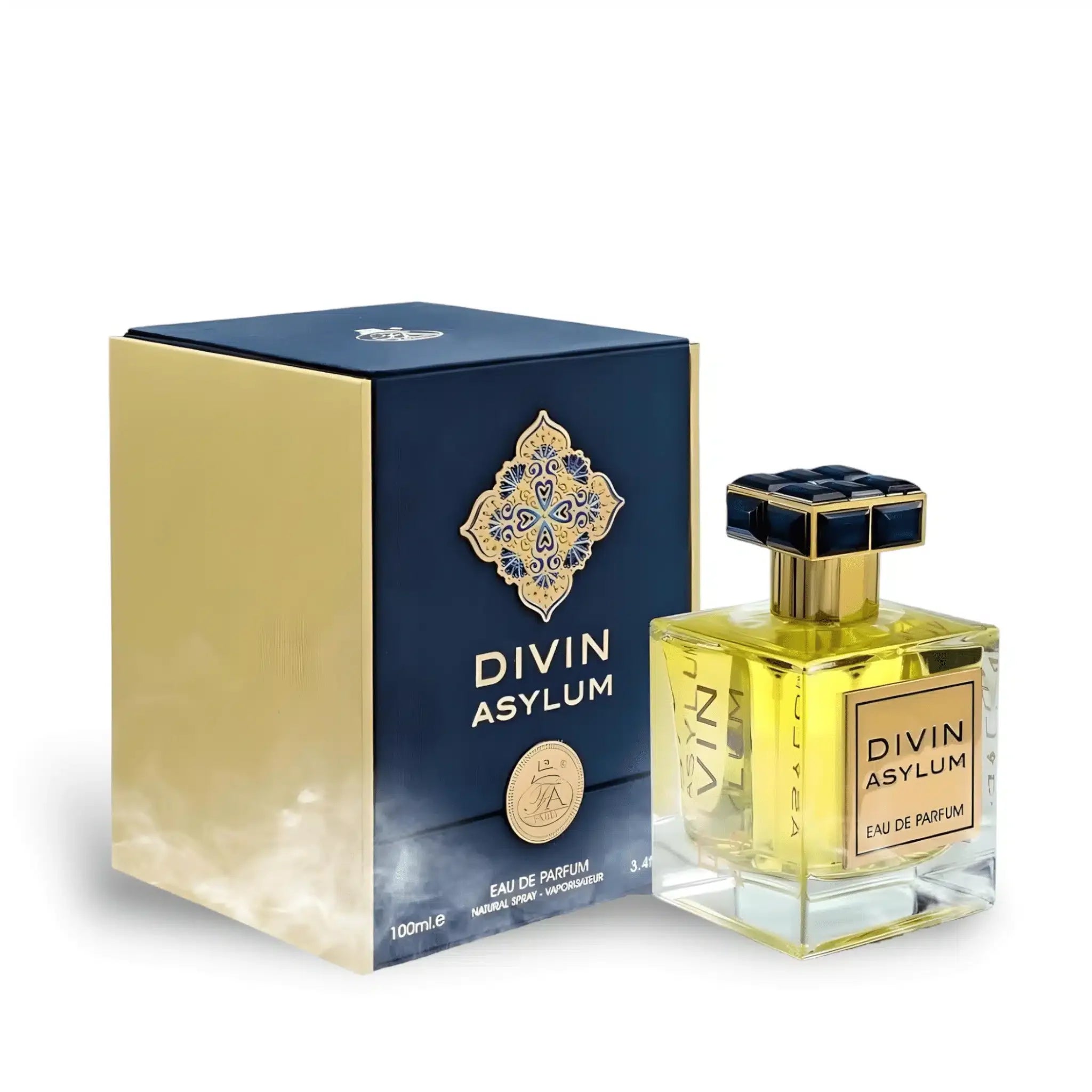 Fragrance World Divin Asylum Eau de Parfum 100ml for men and women, elegant bottle with a sophisticated design.