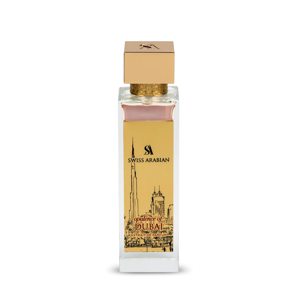 Swiss Arabian Opulence of Dubai extrait de parfum bottle, elegant 100ml design for men and women, showcasing luxurious fragrance.