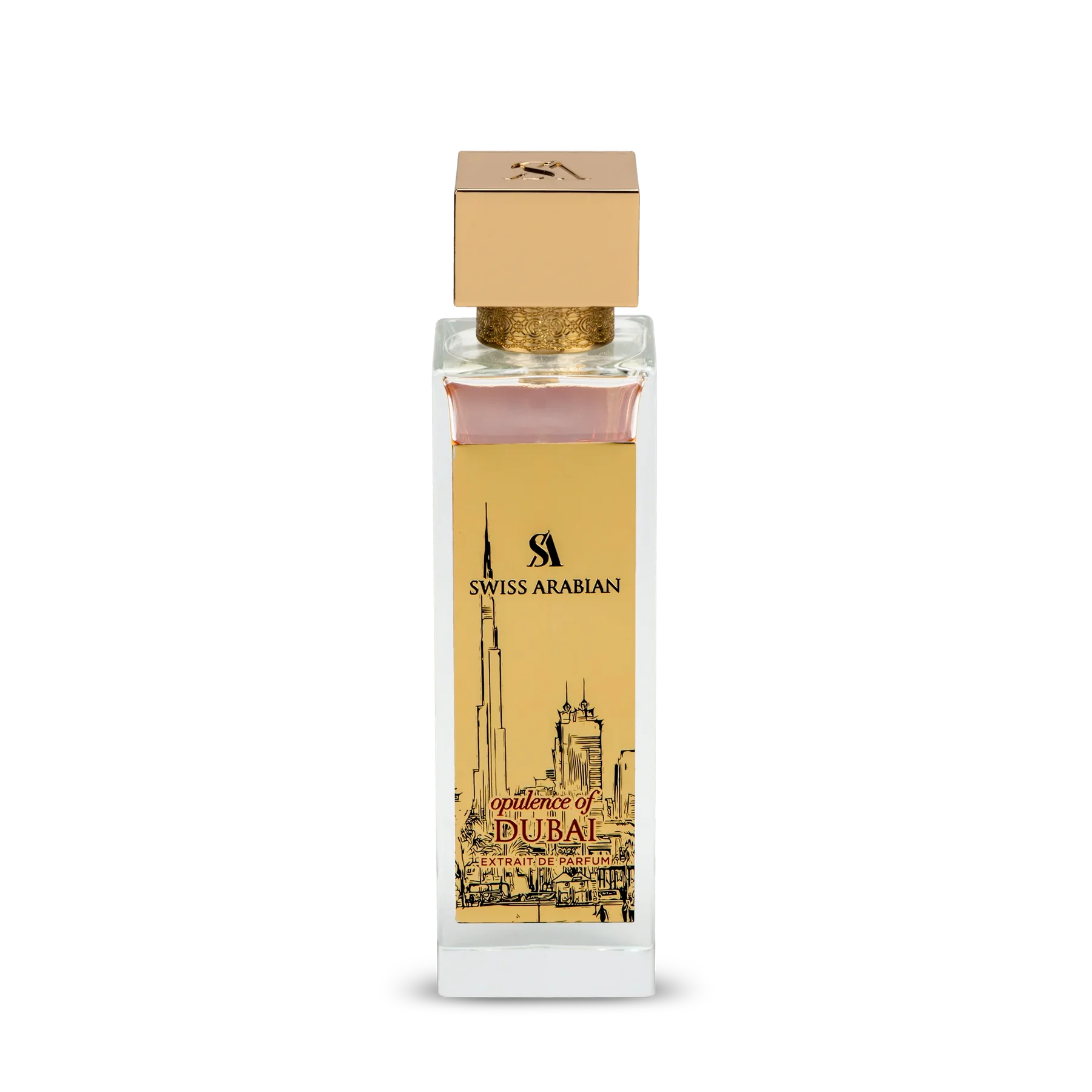 Swiss Arabian Opulence of Dubai extrait de parfum bottle, elegant 100ml design for men and women, showcasing luxurious fragrance.