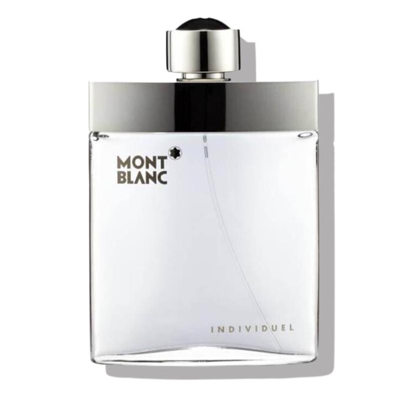 Montblanc Individuel Eau De Toilette for Men 75ML bottle with sleek black and silver design, displayed on a neutral background.