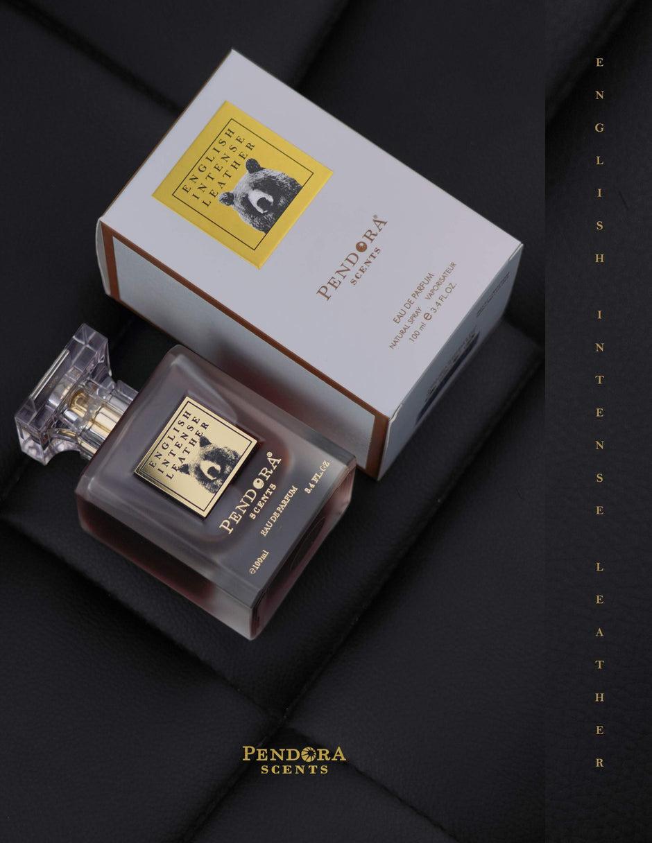 Pendora Cents English Intense Leather Eau De Parfum bottle for men, with sleek black and gold design, 100ml size.