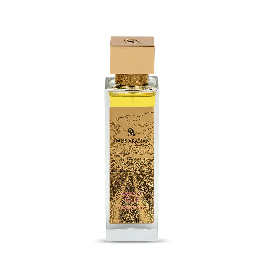Front view of Swiss Arabian Enigma Of Taif Extrait De Parfum 100ml box, showcasing elegant packaging for men and women.