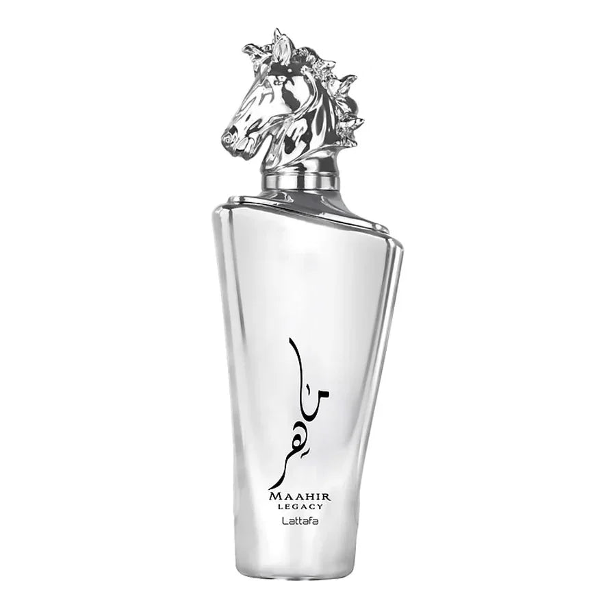 Lattafa Maahir Legacy Eau De Parfum bottle, 100ml, elegant design for men and women, showcasing the perfume's sleek packaging.