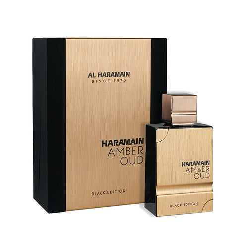 Al Haramain Amber Oud Black Edition Eau de Parfum bottle for men and women with black and gold packaging.