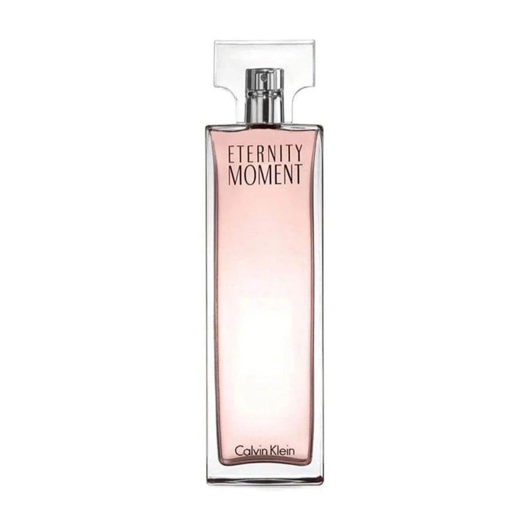 Calvin Klein Eternity Moment women’s 100ml Eau de Parfum bottle with elegant design and floral accents.
