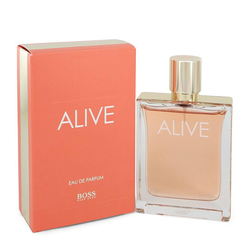 BOSS Alive Eau De Parfum 80ml for women, elegant bottle with floral and fresh scent elements visible in the image.