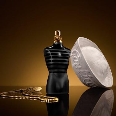 Jean Paul Gaultier Le Male Le Parfum Eau De Parfum Intense bottle for men, featuring sleek glass design and dark fragrance notes.