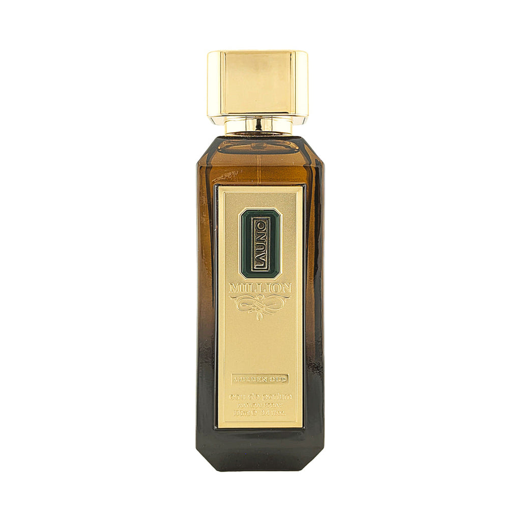 Fragrance World Launo Million Golden Oud Eau de Parfum for men, 100ml bottle with luxurious gold accents, elegant and sophisticated scent.
