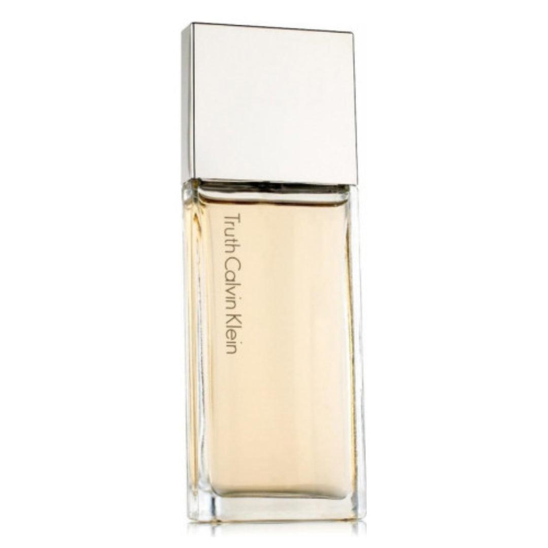 Calvin Klein Truth Eau De Parfum for women in 100ml bottle, featuring sleek glass design and floral fragrance accents.