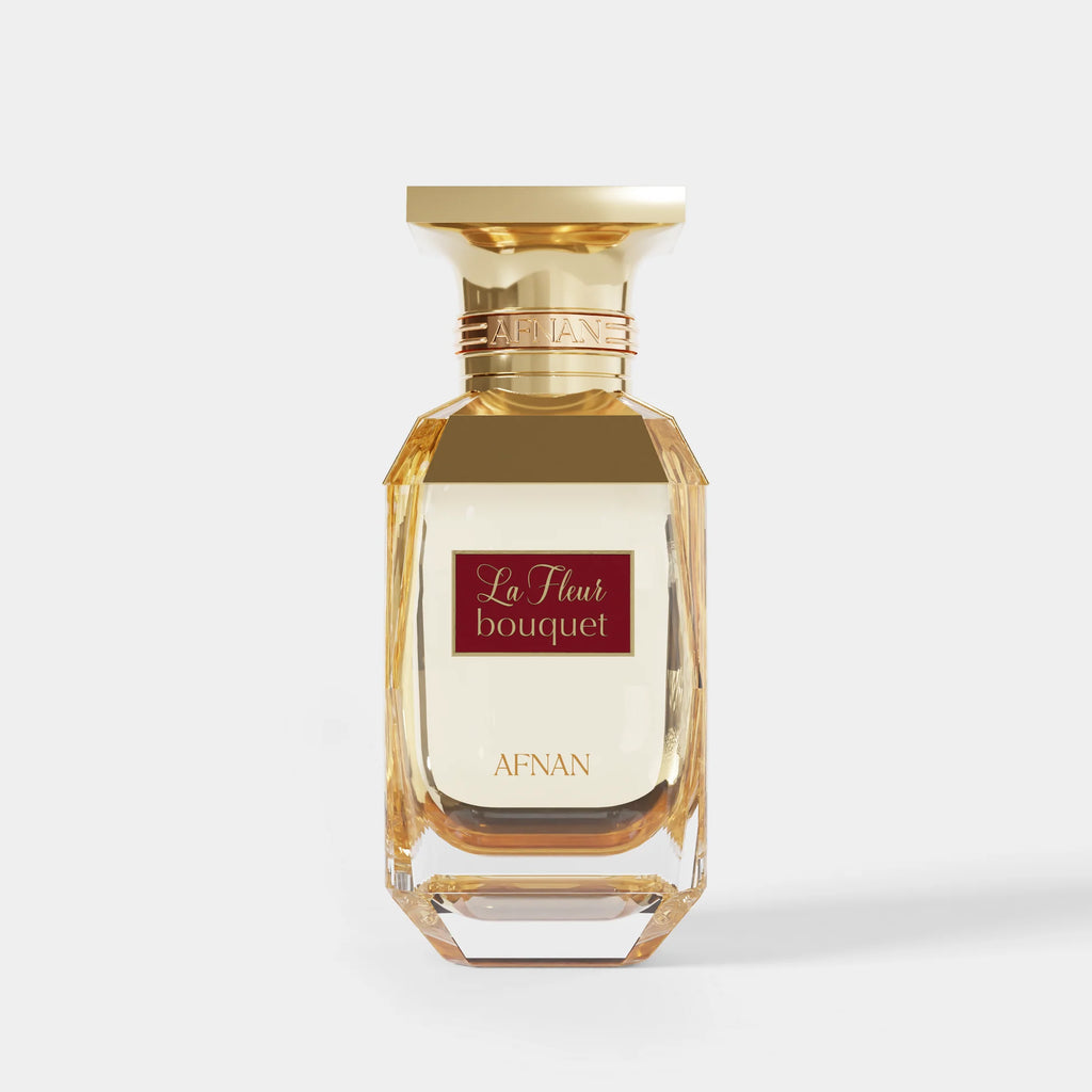 Afnan La Fleur Bouquet Pour Femme perfume bottle with floral bouquet design, showcasing elegant packaging and floral accents.
