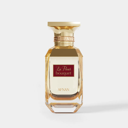 Afnan La Fleur Bouquet Pour Femme perfume bottle with floral bouquet design, showcasing elegant packaging and floral accents.