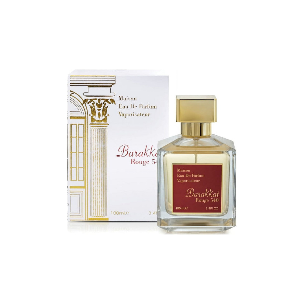 Fragrance World Barakkat Rouge 540 Eau de Parfum 100ml for men, featuring a sleek bottle with deep red accents and elegant branding.