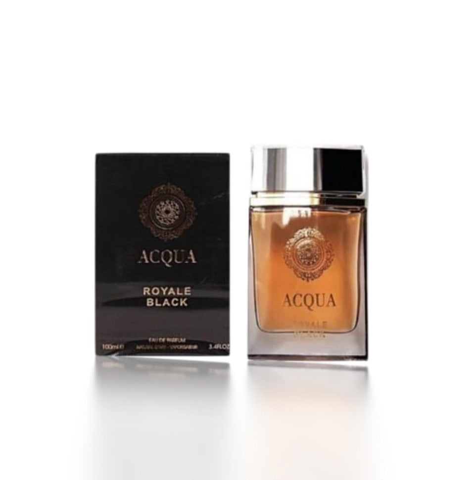 Fragrance World Acqua Royale Black Eau de Parfum 100ml for men, featuring the black bottle and elegant design.