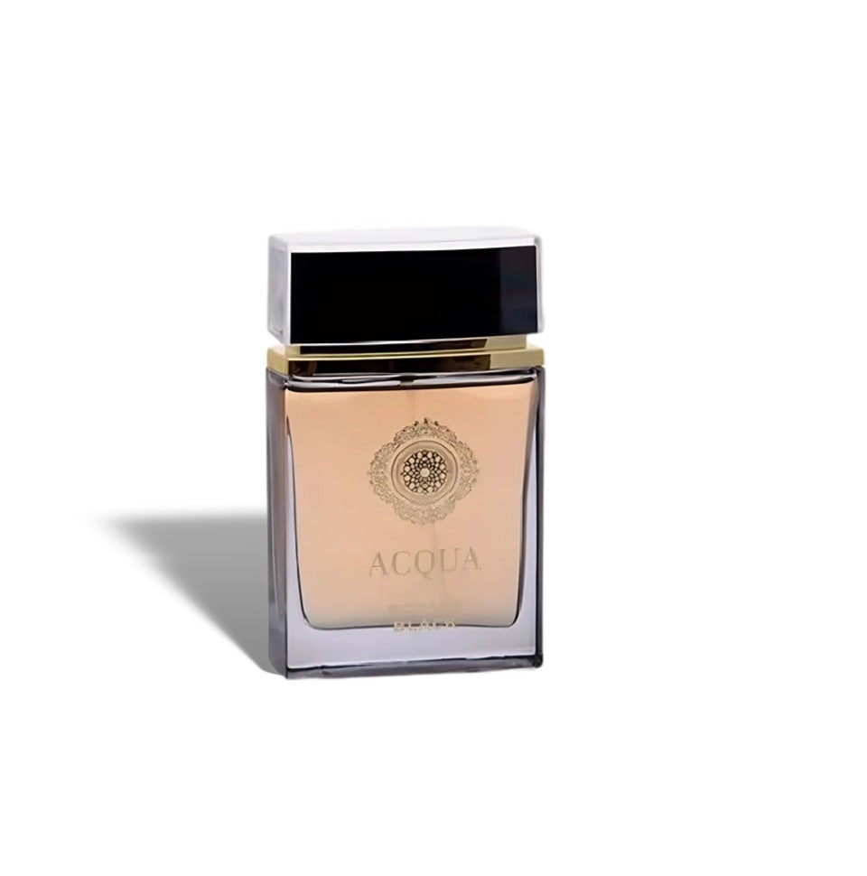 Fragrance World Acqua Royale Black Eau de Parfum 100ml for men in a sleek black bottle with silver accents.