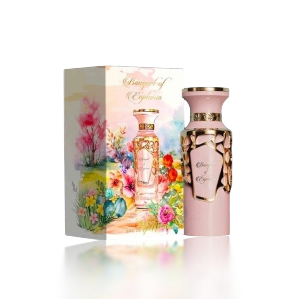 Fragrance World Bouquet of Euphoria Eau de Parfum 100ml for women, elegant perfume bottle with floral design and gold accents.
