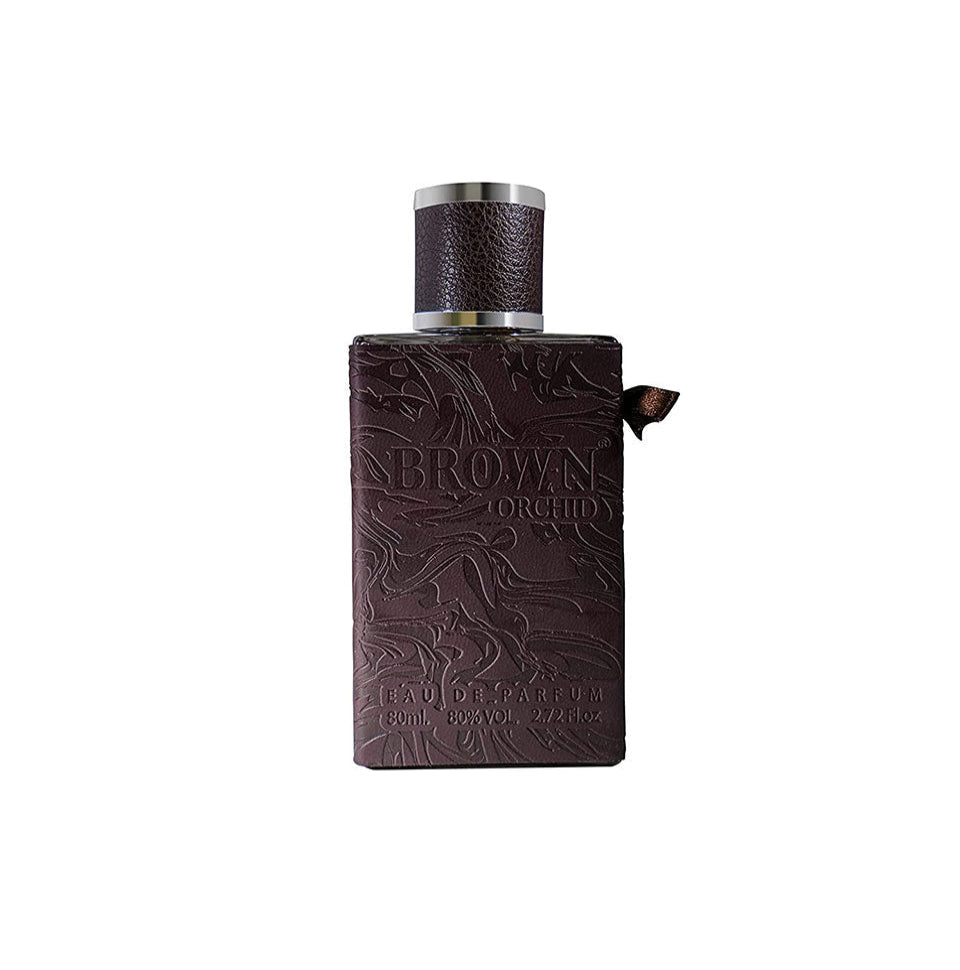 Fragrance World Brown Orchid Eau de Parfum for men in an 80ml bottle with dark brown floral design.