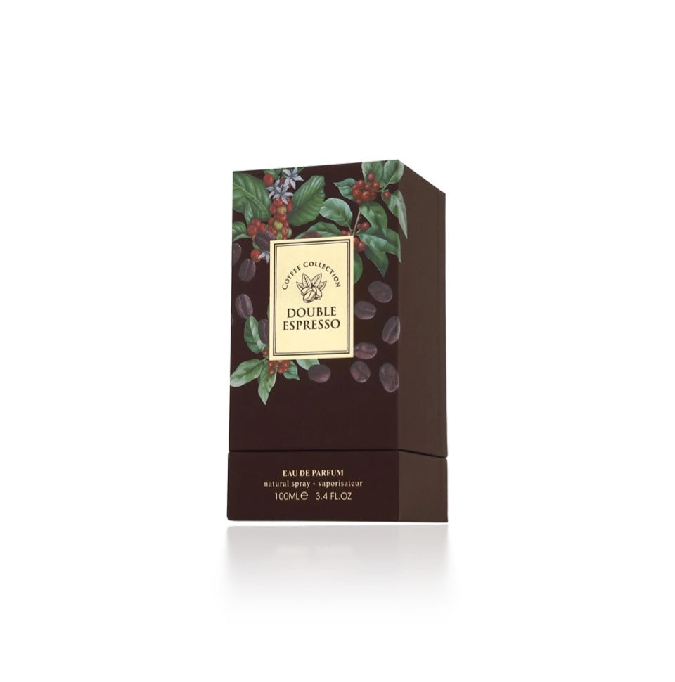 Fragrance World Coffee Collection Double Espresso Eau de Parfum for men, 100ml bottle with sleek dark design and coffee-inspired scent.