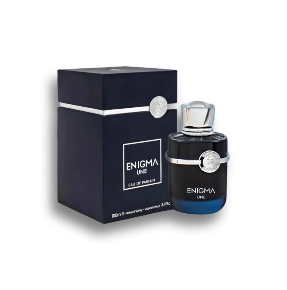 Fragrance World Enigma Une Eau de Parfum 100ml for men and women, bottle with elegant design and fragrance details visible.