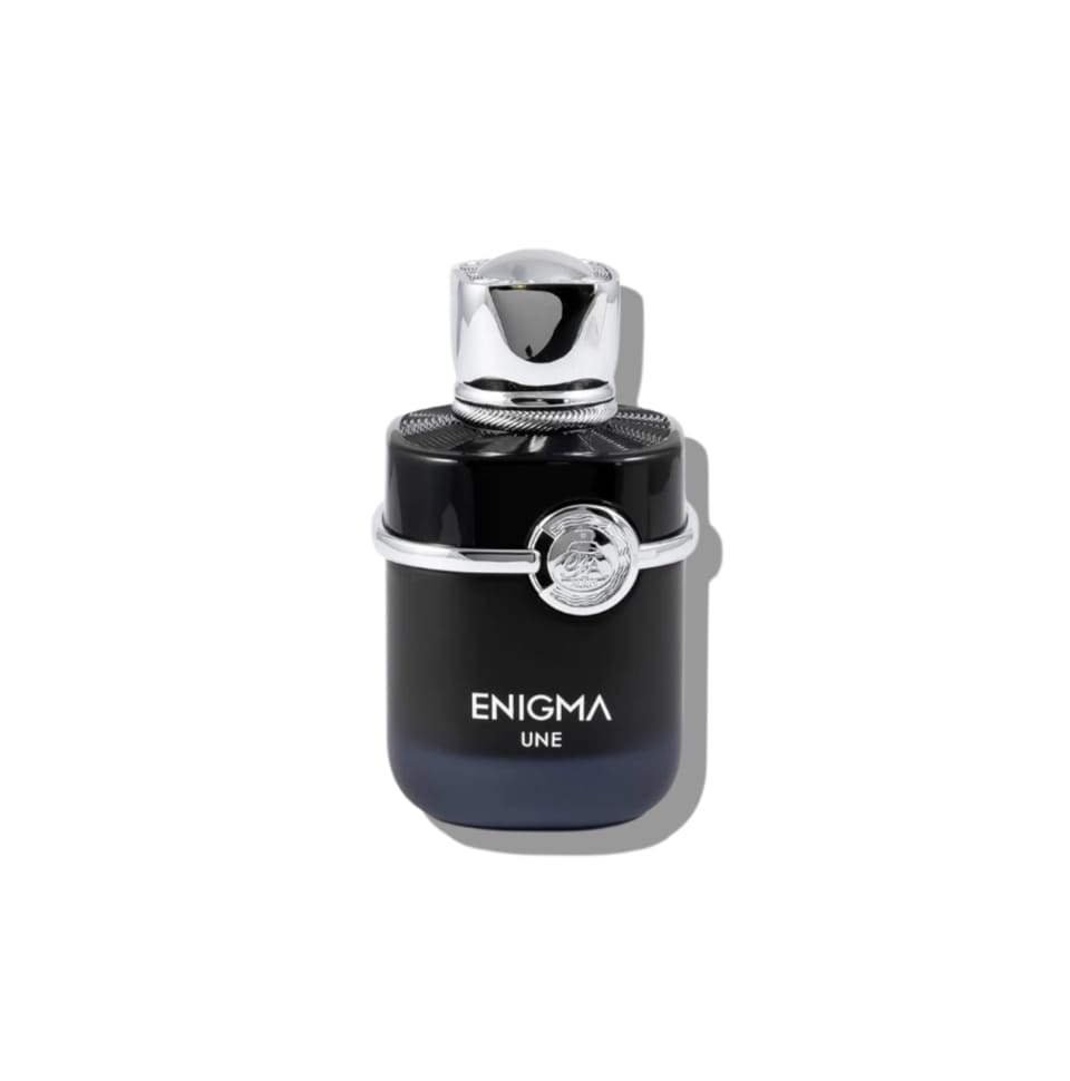 Fragrance World Enigma Une Eau de Parfum 100ml bottle for men and women, sleek glass perfume bottle with label.
