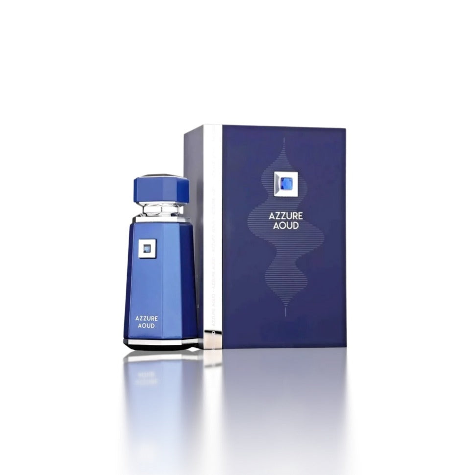 Fragrance World French Avenue Azzure Aoud Eau De Parfum 100ml for men, featuring a sleek bottle with elegant design and branding.