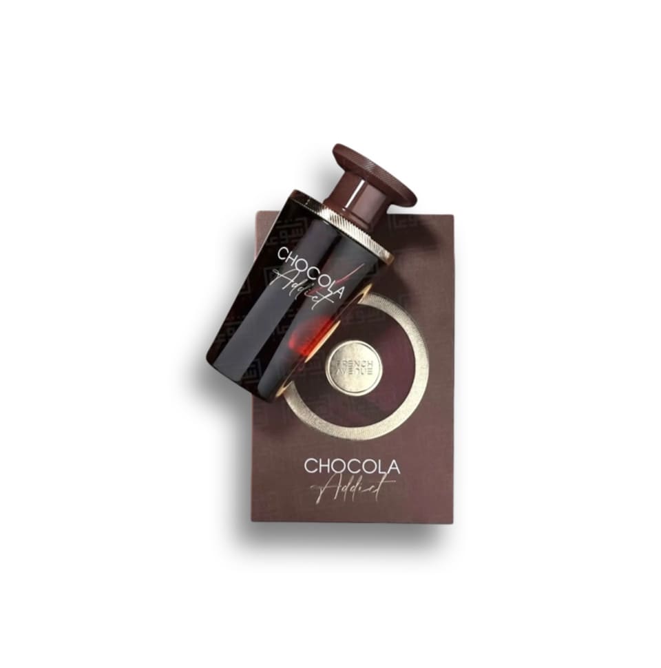 Fragrance World French Avenue Chocola Addict Eau de Parfum 100ml for men and women, featuring elegant perfume bottle and packaging.