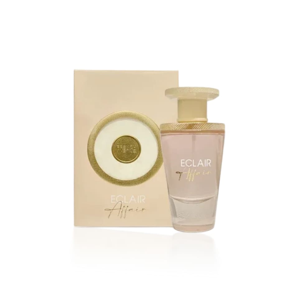 Fragrance World French Avenue Eclair Affair Eau de Parfum for women in a 100ml bottle, elegant packaging and floral design.