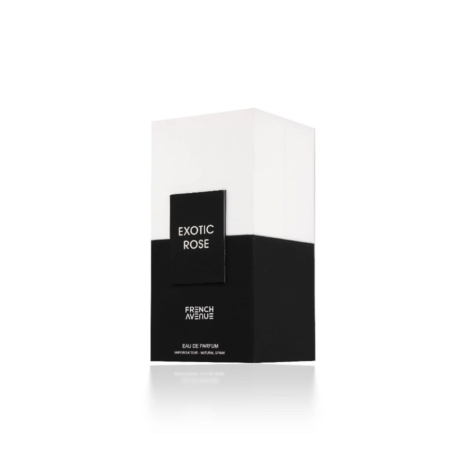 Fragrance World French Avenue Exotic Rose Eau de Parfum 100ml for women, showcasing the elegant perfume bottle with floral design.