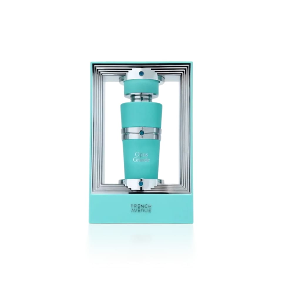 Fragrance World French Avenue Opus Grande extrait de parfum 100ml for women, elegant glass bottle with a sleek design.