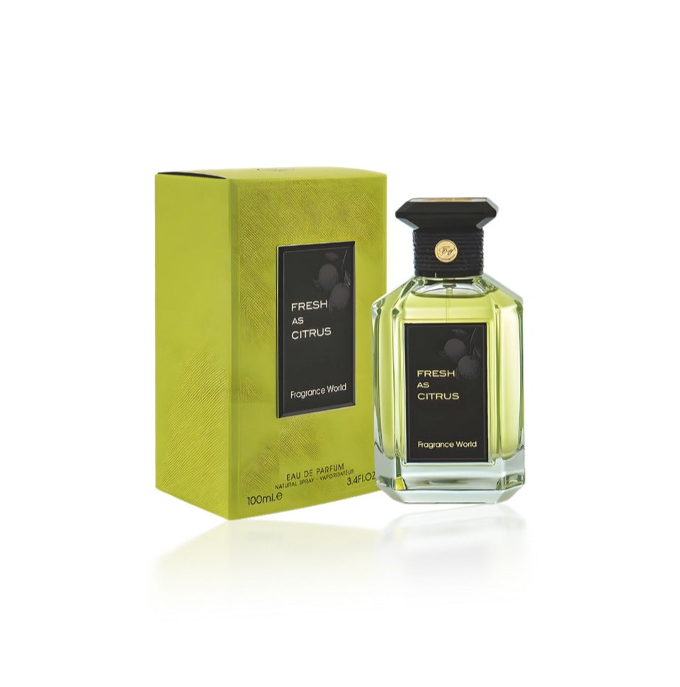 Fragrance World Fresh As Citrus Eau de Parfum 100ml for men and women, featuring a bright citrus scent in a sleek perfume bottle.