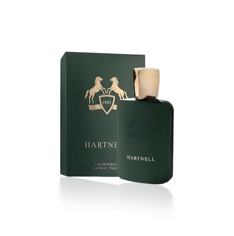 Fragrance World Hartnell Eau de Parfum for men, 100ml bottle showing sophisticated glass design and elegant branding.