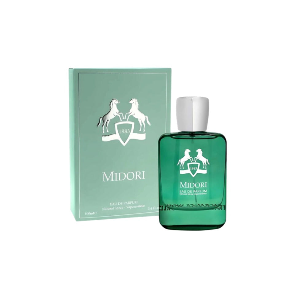 Fragrance World Midori Eau de Parfum 100ml for men and women, elegant bottle with fresh, green fragrance design.